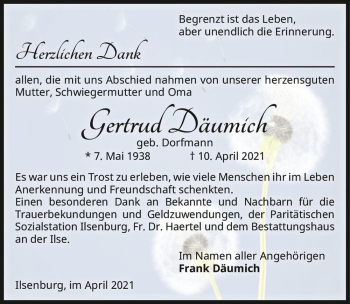 Traueranzeige von Gertrud Däumich (geb. Dorfmann)  von Magdeburger Volksstimme