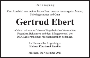 Traueranzeige von Gertrud Ebert  von Magdeburger Volksstimme