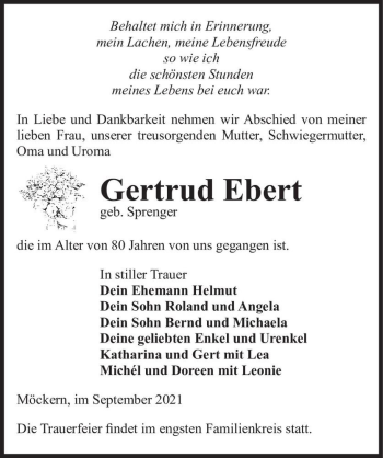 Traueranzeige von Gertrud Ebert (geb. Sprenger)  von Magdeburger Volksstimme