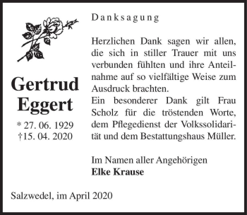 Traueranzeige von Gertrud Eggert  von Magdeburger Volksstimme