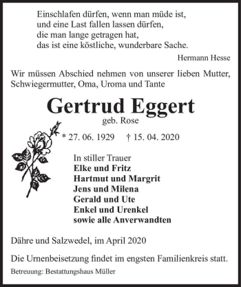 Traueranzeige von Gertrud Eggert (geb. Rose)  von Magdeburger Volksstimme