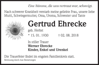Traueranzeige von Gertrud Ehrecke (geb. Herbst)  von Magdeburger Volksstimme