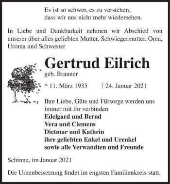 Traueranzeige von Gertrud Eilrich (geb. Brauner)  von Magdeburger Volksstimme