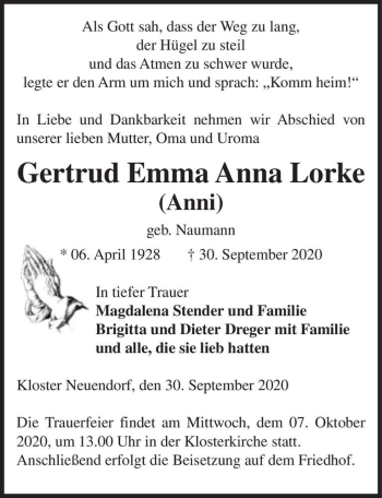 Traueranzeige von Gertrud Emma Anna Lorke 
