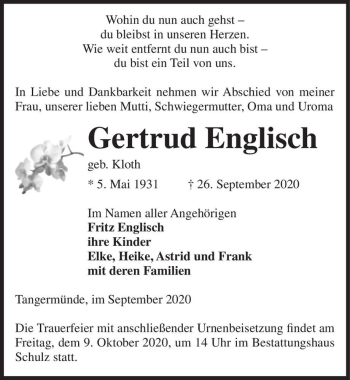 Traueranzeige von Gertrud Englisch (geb. Kloth)  von Magdeburger Volksstimme
