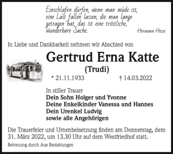 Traueranzeige von Gertrud Erna 