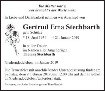 Traueranzeige von Gertrud Erna Stechbarth (geb. Schütze)  von Magdeburger Volksstimme