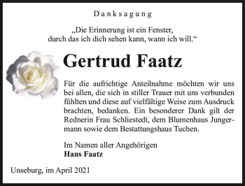 Traueranzeige von Gertrud Faatz  von Magdeburger Volksstimme