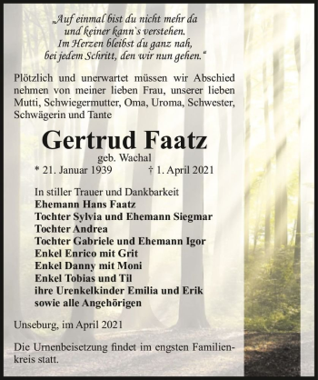 Traueranzeige von Gertrud Faatz (geb. Wachal)  von Magdeburger Volksstimme