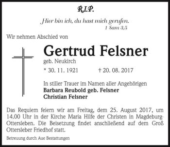 Traueranzeige von Gertrud Felsner (geb. Neukirch)  von Magdeburger Volksstimme
