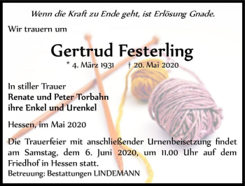 Traueranzeige von Gertrud Festerling  von Magdeburger Volksstimme