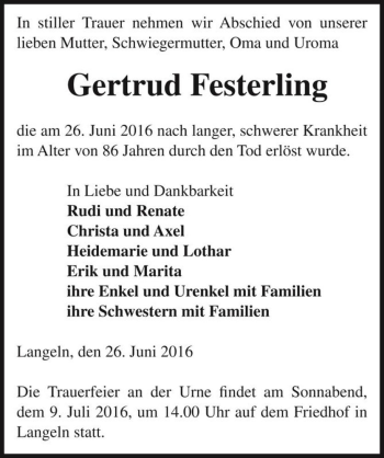 Traueranzeige von Gertrud Festerling  von Magdeburger Volksstimme