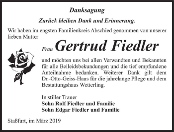 Traueranzeige von Gertrud Fiedler  von Magdeburger Volksstimme