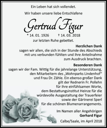 Traueranzeige von Gertrud Figur  von Magdeburger Volksstimme