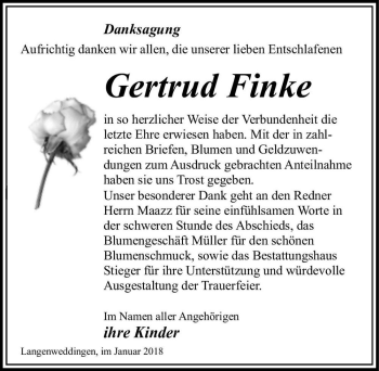 Traueranzeige von Gertrud Finke  von Magdeburger Volksstimme