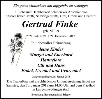 Traueranzeige von Gertrud Finke (geb. Müller)  von Magdeburger Volksstimme