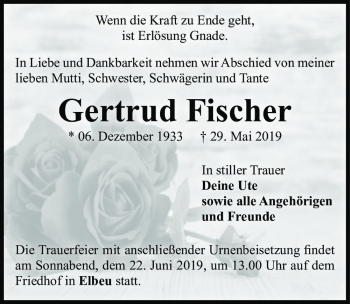 Traueranzeige von Gertrud Fischer  von Magdeburger Volksstimme