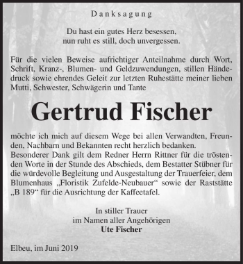 Traueranzeige von Gertrud Fischer  von Magdeburger Volksstimme