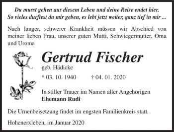 Traueranzeige von Gertrud Fischer (geb. Hädicke)  von Magdeburger Volksstimme