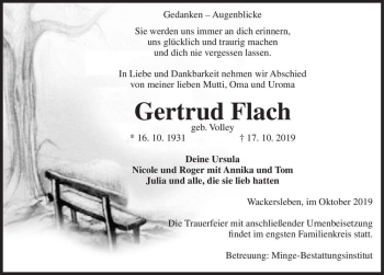 Traueranzeige von Gertrud Flach (geb. Volley)  von Magdeburger Volksstimme