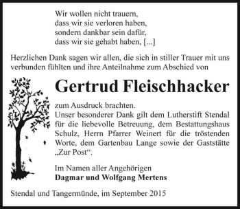 Traueranzeige von Gertrud Fleischhacker  von Magdeburger Volksstimme