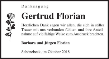 Traueranzeige von Gertrud Florian  von Magdeburger Volksstimme