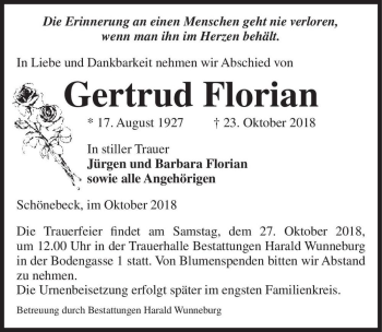 Traueranzeige von Gertrud Florian  von Magdeburger Volksstimme