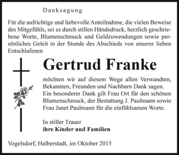 Traueranzeige von Gertrud Franke  von Magdeburger Volksstimme