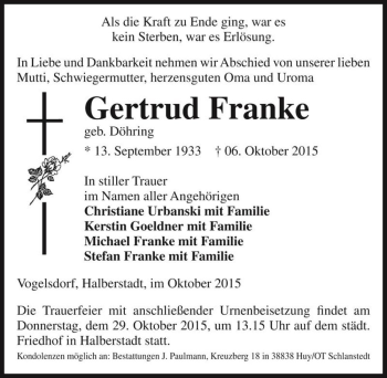 Traueranzeige von Gertrud Franke (geb. Döhring)  von Magdeburger Volksstimme