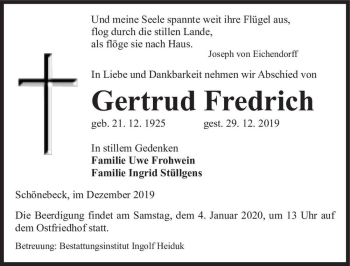 Traueranzeige von Gertrud Fredrich  von Magdeburger Volksstimme