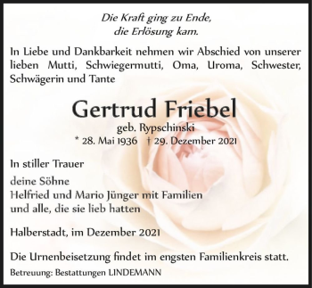 Traueranzeige von Gertrud Friebel (geb. Rypschinski)  von Magdeburger Volksstimme