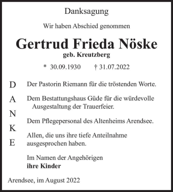 Traueranzeige von Gertrud Frieda Nöske (geb. Kreutzberg)  von Magdeburger Volksstimme