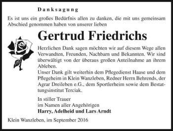 Traueranzeige von Gertrud Friedrichs  von Magdeburger Volksstimme