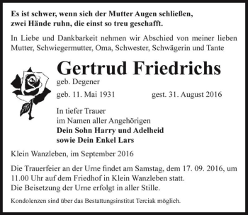 Traueranzeige von Gertrud Friedrichs (geb. Degener)  von Magdeburger Volksstimme