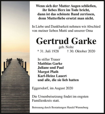 Traueranzeige von Gertrud Garke (geb. Nolte)  von Magdeburger Volksstimme