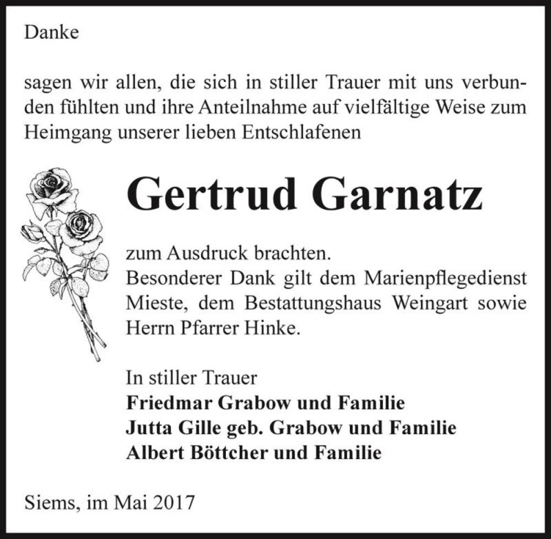  Traueranzeige für Gertrud Garnatz  vom 08.06.2017 aus Magdeburger Volksstimme