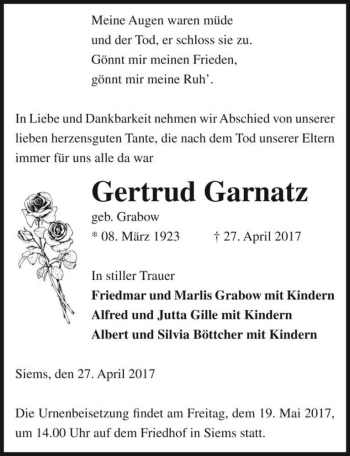 Traueranzeige von Gertrud Garnatz (geb. Grabow)  von Magdeburger Volksstimme