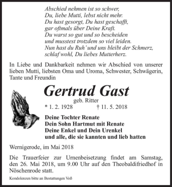 Traueranzeige von Gertrud Gast (geb. Ritter)  von Magdeburger Volksstimme