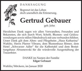 Traueranzeige von Gertrud Gebauer (geb. John)  von Magdeburger Volksstimme