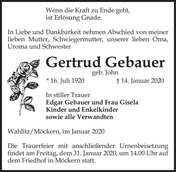 Traueranzeige von Gertrud Gebauer (geb. John)  von Magdeburger Volksstimme