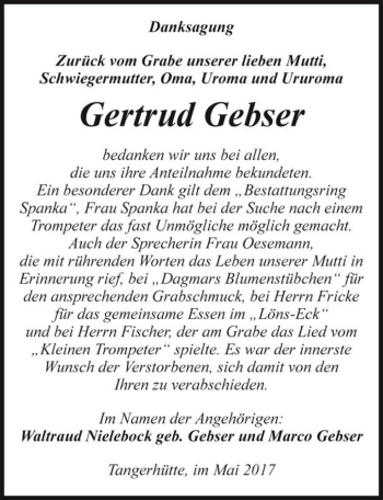 Traueranzeige von Gertrud Gebser  von Magdeburger Volksstimme