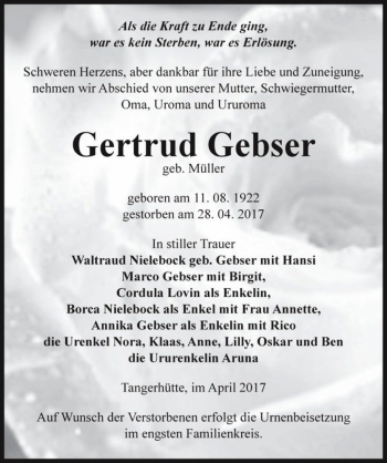 Traueranzeige von Gertrud Gebser (geb. Müller)  von Magdeburger Volksstimme