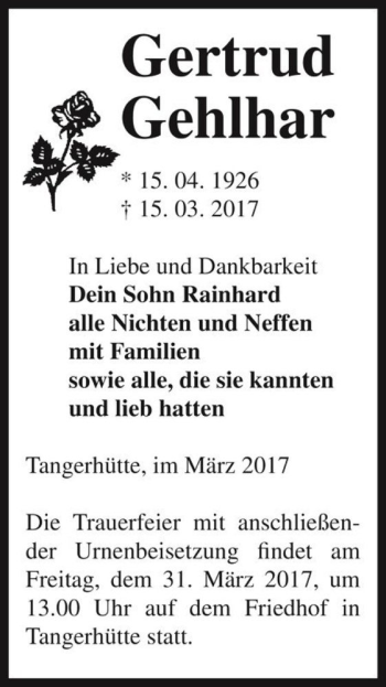 Traueranzeige von Gertrud Gehlhar  von Magdeburger Volksstimme