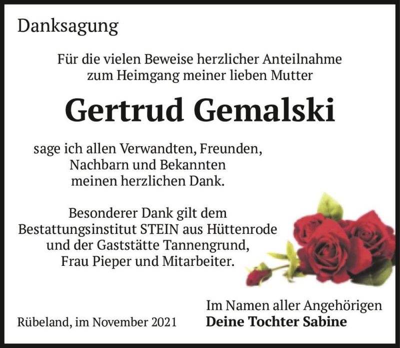  Traueranzeige für Gertrud Gemalski  vom 27.11.2021 aus Magdeburger Volksstimme