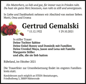 Traueranzeige von Gertrud Gemalski  von Magdeburger Volksstimme