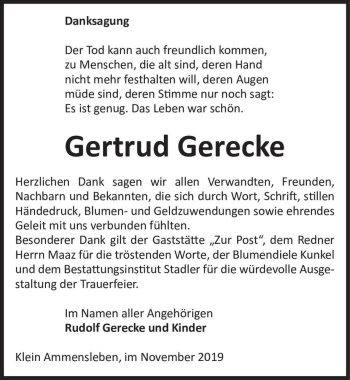 Traueranzeige von Gertrud Gerecke  von Magdeburger Volksstimme