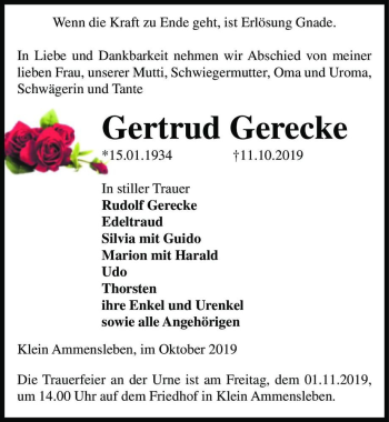Traueranzeige von Gertrud Gerecke  von Magdeburger Volksstimme