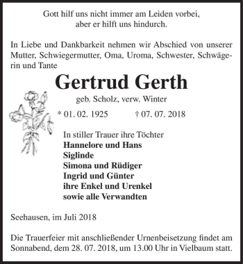 Traueranzeige von Gertrud Gerth (geb. Scholz, verw. Winter)  von Magdeburger Volksstimme