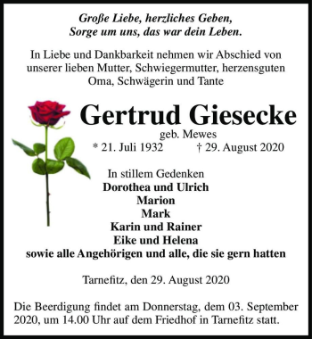 Traueranzeige von Gertrud Giesecke (geb. Mewes)  von Magdeburger Volksstimme