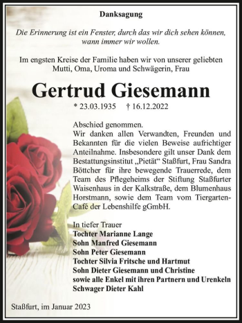 Traueranzeige von Gertrud Giesemann  von Magdeburger Volksstimme